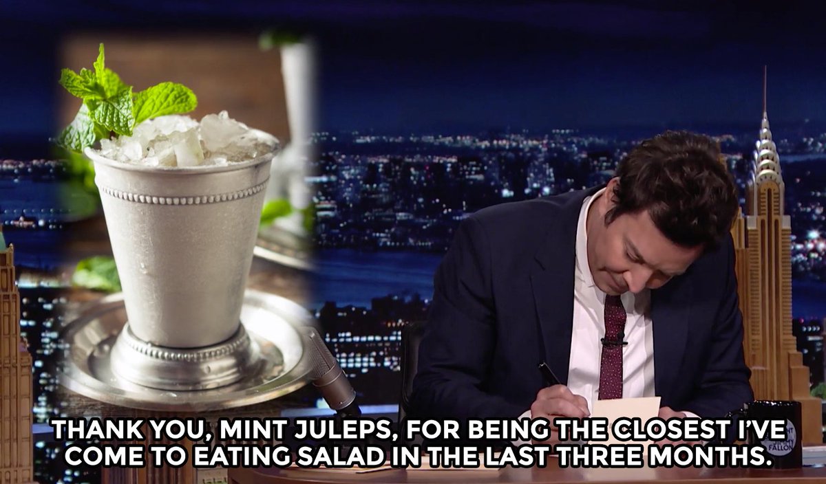 FallonTonight's tweet photo. Cheers to that! #NationalMintJulepDay https://t.co/5UZVN3JdoP