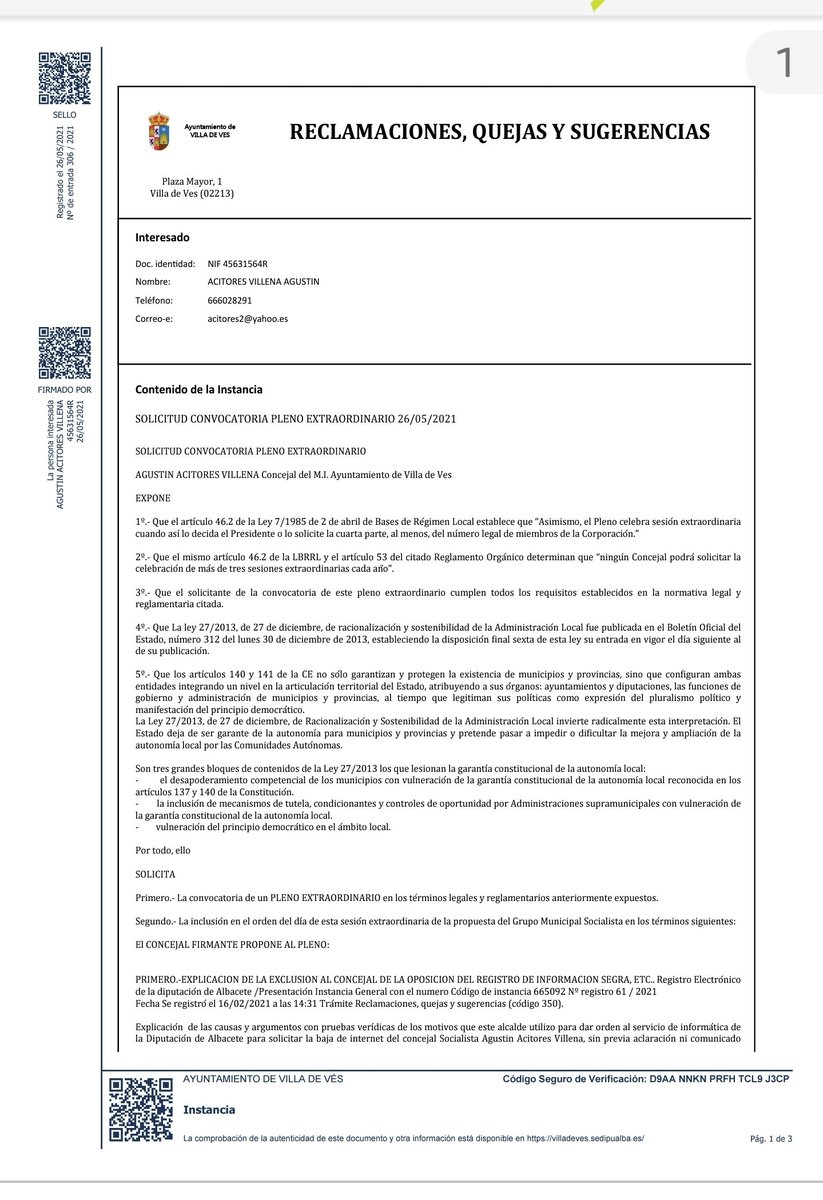 acitores2's tweet photo. SOLICITUD CONVOCATORIA PLENO EXTRAORDINARIO

 26/05/2021SOLICITUD CONVOCATORIA PLENO EXTRAORDINARIO
AGUSTIN ACITORES VILLENA Concejal del M.I. Ayuntamiento de Villa de Ves
EXPONE1º.-Que el artculo 46.2 de la Ley 7/1985 de 2 de abril 

https://t.co/WjNo5XoohQ
 #VilladeVes #pleno https://t.co/RyOgKZP39o