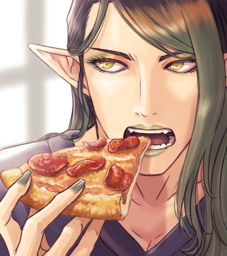 1boy food male focus pointy ears pizza holding food eating  illustration images