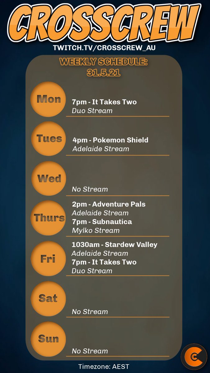 crosscrew_au's tweet photo. Here is our #Twitch stream schedule for the week of 31/05/2021 ๐๐ฎ
โถ๏ธ https://t.co/5XqUThJoJe
โโโโโโโโโโโโโโโโโโ
#ItTakesTwo #PokemonShield #StardewValley #Subnautica #AdventurePals https://t.co/PY7If6ihpx