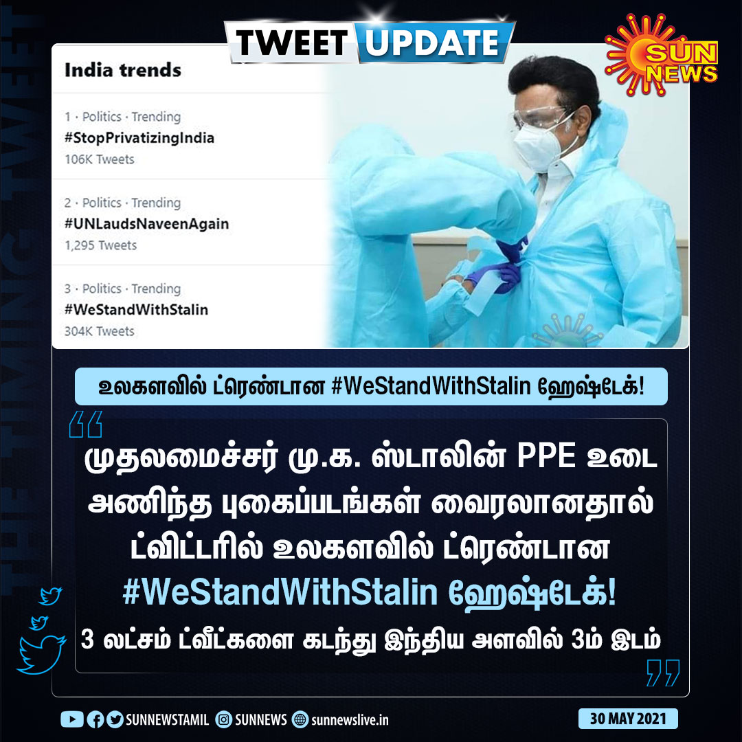 sunnewstamil's tweet image. வைரலான முதலமைச்சர் மு.க. ஸ்டாலினின் புகைப்படம் - உலகளவில் ட்ரெண்டான #WeStandWithStalin ஹேஷ்டேக்!

#SunNews | #MKStalin | #PPEKIT | #TNGovt | @mkstalin