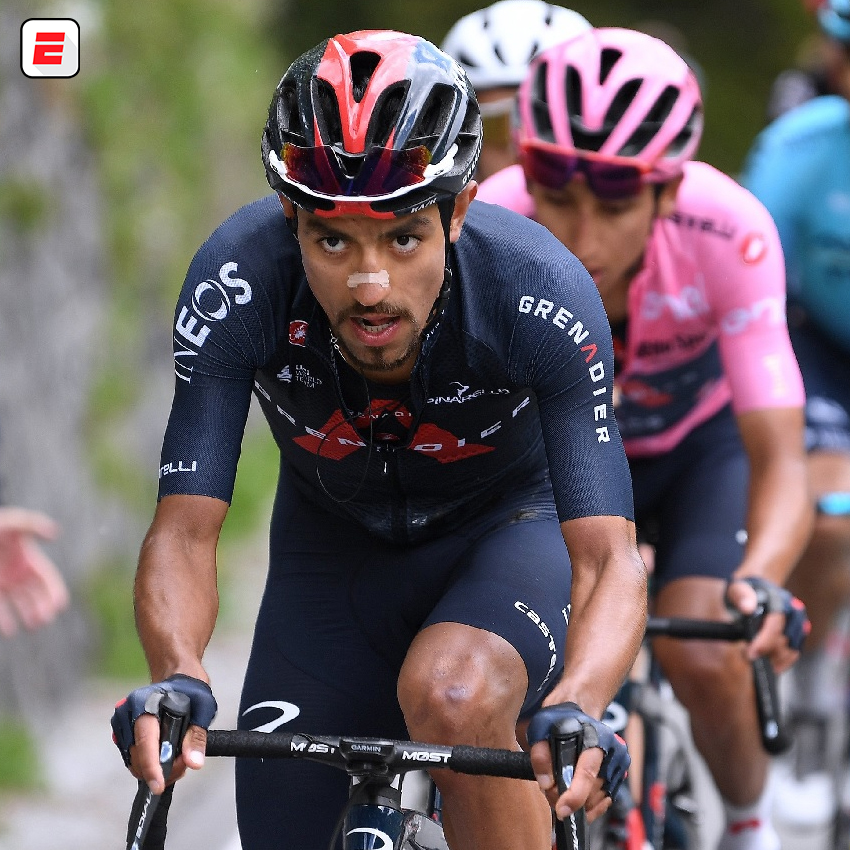 ESPNColombia's tweet photo. ¡LOS APLAUSOS, TAMBIÉN SON PARA DANIEL MARTÍNEZ! 👏👏👏

El colombiano tuvo un gran trabajo en el #GIROxESPN: se mostró solidario, motivador y gran compañero para Egan Bernal en todo el recorrido. ¡Gigante! https://t.co/6bOKpI7VRU