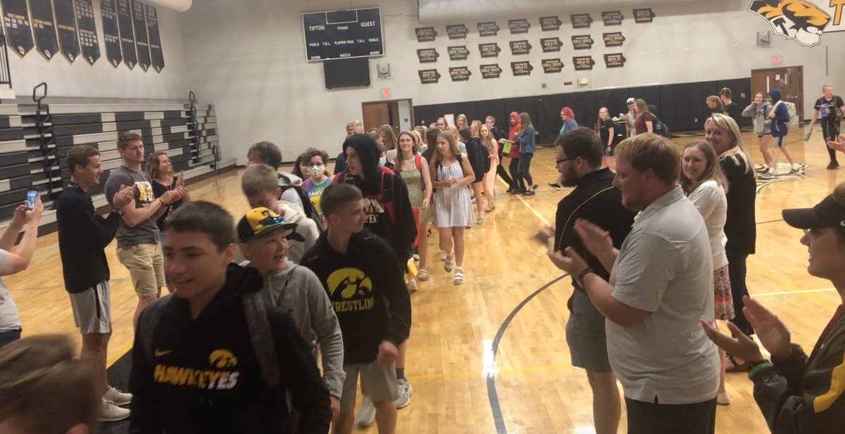 TiptonTigersMS's tweet photo. On their 1st day of MS (top few rows) they got a Tiger tunnel. Thursday they made their final walk in our halls & across the Tiger logo for the last time. They've been a great class and will do awesome at THS. Congrats!!! #TMSTigerPride π― https://t.co/giEHaMDjct