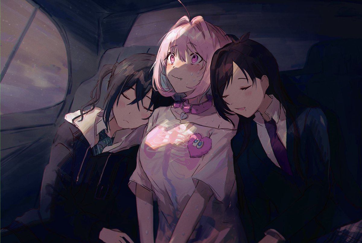 sunazuka akira ,yumemi riamu multiple girls 3girls sleeping pink hair necktie closed eyes black hair  illustration images