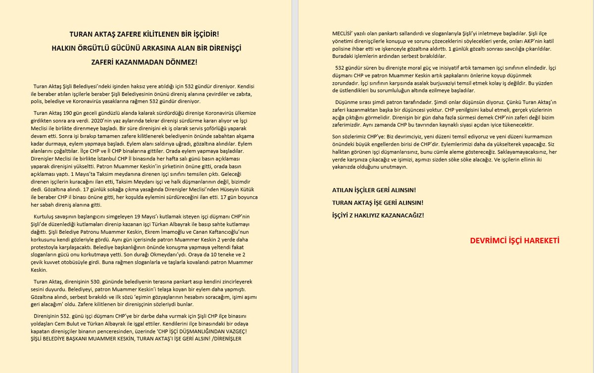 DEVRİMCİ İŞÇİ HAREKETİ:
TURAN AKTAŞ ZAFERE KİLİTLENEN BİR İŞÇİDİR!
 HALKIN ÖRGÜTLÜ GÜCÜNÜ 
ARKASINA ALAN BİR DİRENİŞÇİ 
ZAFERİ KAZANMADAN DÖNMEZ!