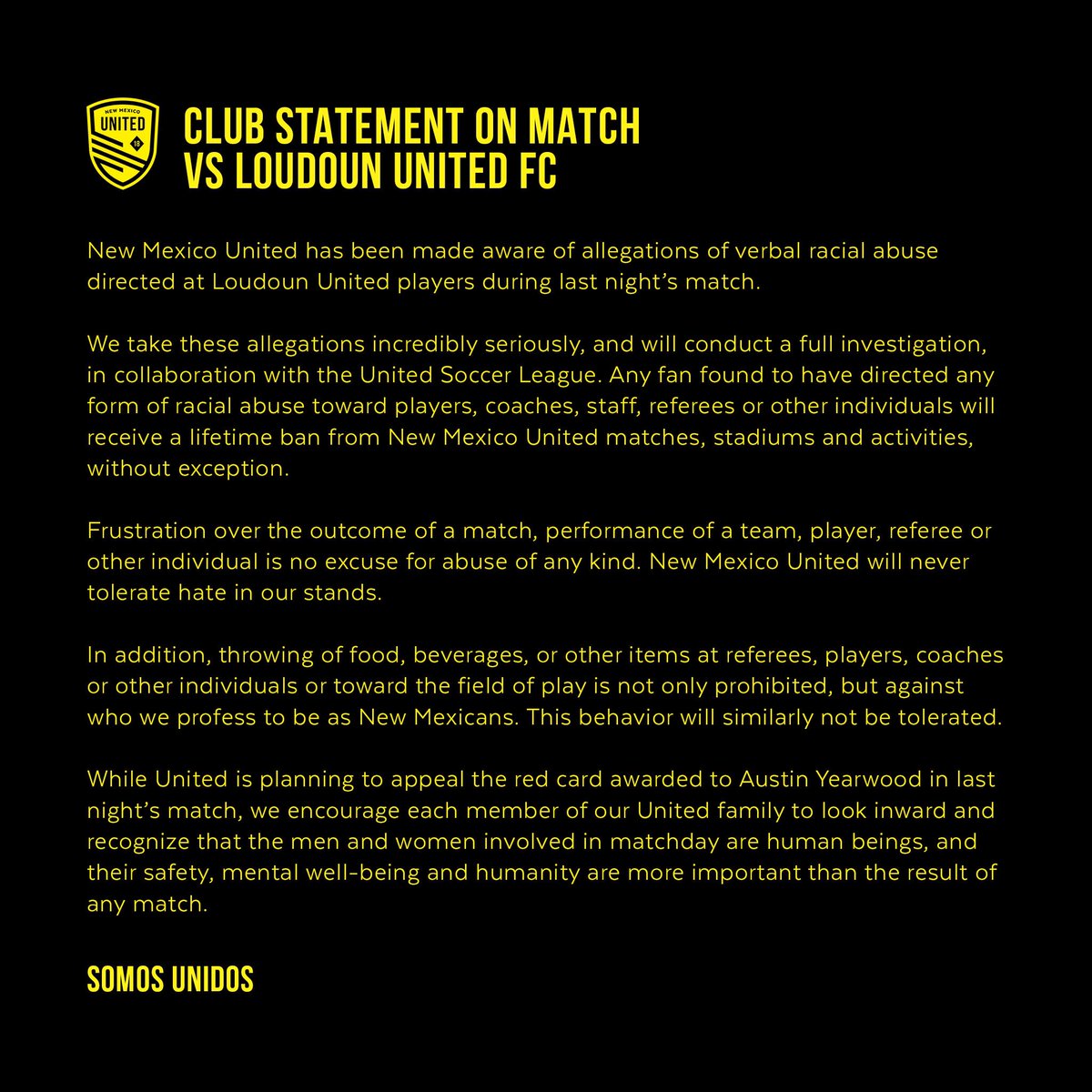 NewMexicoUTD's tweet photo. Club Statement on last night's match vs. Loundoun United FC. #NMUnited https://t.co/MZAVBVZtTE