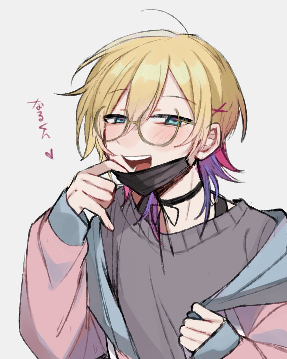 male focus blonde hair 1boy purple hair solo mask choker  illustration images