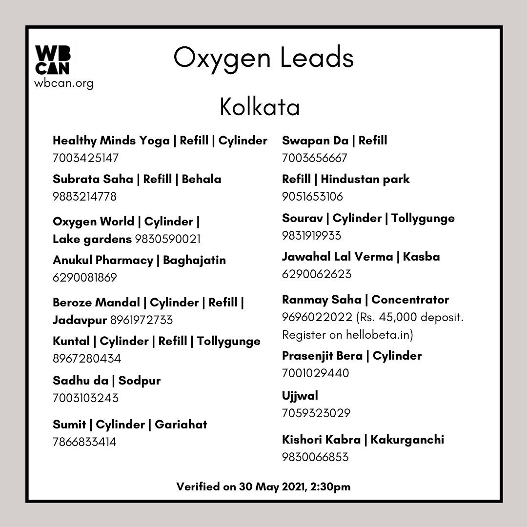 WBCAN2's tweet photo. Verified Oxygen leads West Bengal 30May 2:30pm  
Data checked &amp; verified by our volunteers but due to dynamic nature of products &amp; services, realtime availability nt guarantd.
1/3
#covid_19 #covidindia #covidresources #covidresourcesindia #covidrelief #wbcan #westbengal  #oxygen https://t.co/12ouFYQATv