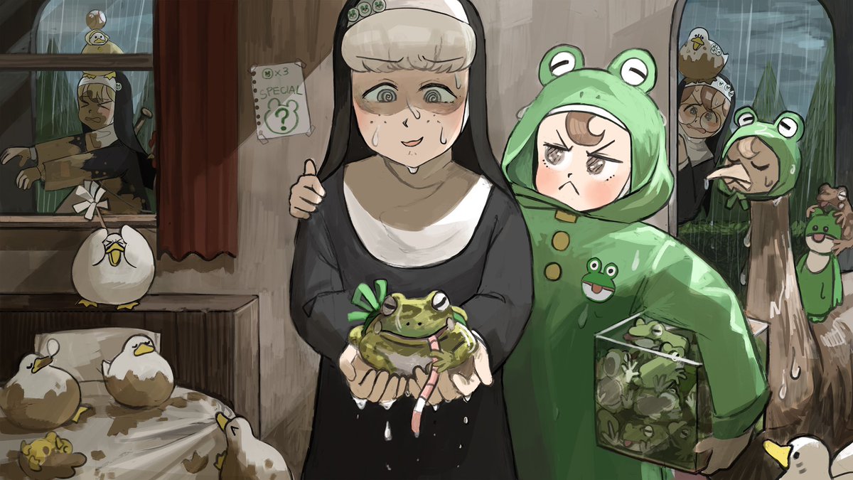 clumsy nun (diva) ,froggy nun (diva) frog catholic multiple girls rain nun duckling bird  illustration images