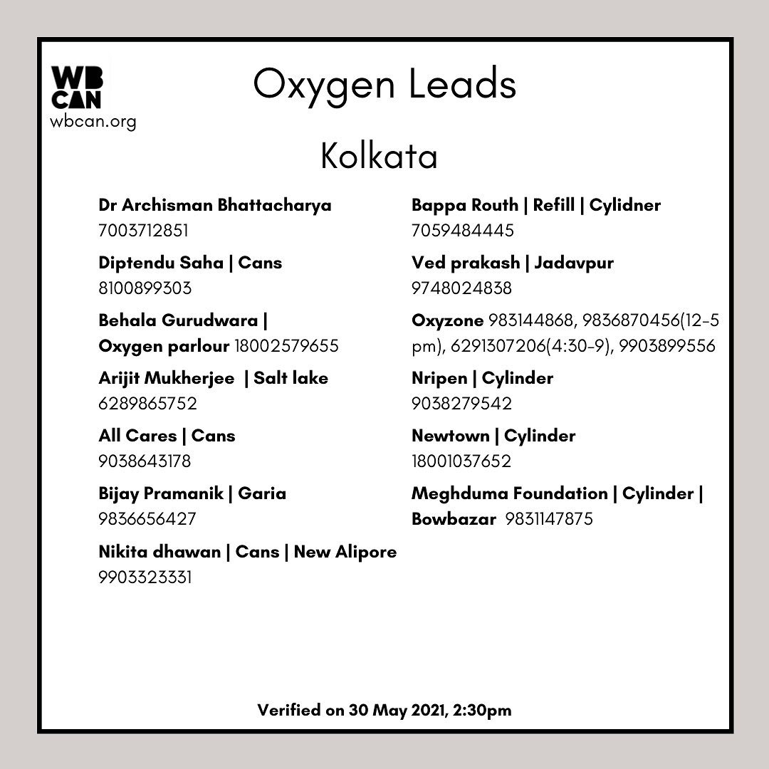 WBCAN2's tweet photo. Verified Oxygen leads West Bengal 30May 2:30pm  
Data checked &amp; verified by our volunteers but due to dynamic nature of products &amp; services, realtime availability nt guarantd.
2/3
#covid_19 #covidindia #covidresources #covidresourcesindia #covidrelief #wbcan #westbengal  #oxygen https://t.co/kfjA4hIzGu