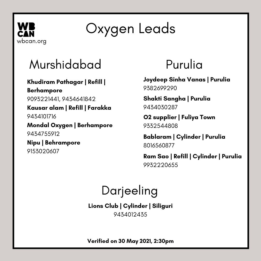WBCAN2's tweet photo. Verified Oxygen leads West Bengal 30May 2:30pm  
Data checked &amp; verified by our volunteers but due to dynamic nature of products &amp; services, realtime availability nt guarantd.
1/3
#covid_19 #covidindia #covidresources #covidresourcesindia #covidrelief #wbcan #westbengal  #oxygen https://t.co/lk7MrmBZcB