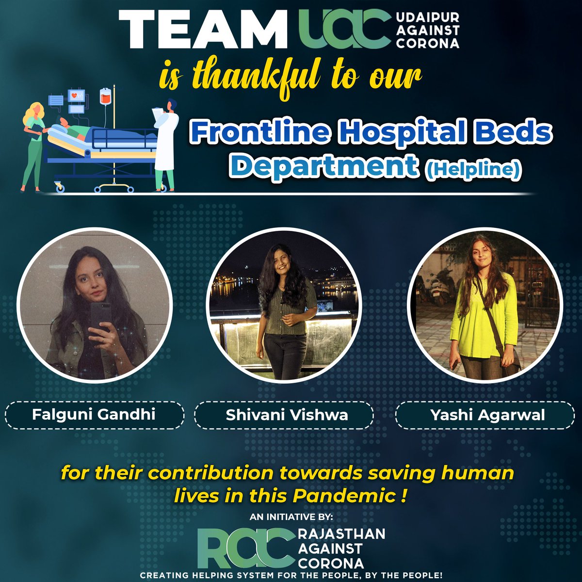 CoronaUdaipur's tweet photo. Team UAC is thankful to our Frontline Hospital Beds Dept. (Helpline Numbers) for their selfless contribution towards saving human lives in this Pandemic!
An initiative by RAC: Helping System for the people and by the people.
#rajasthanagainstcorona #udaipur #teamUAC #उदयपुर https://t.co/RpzPh01pFj