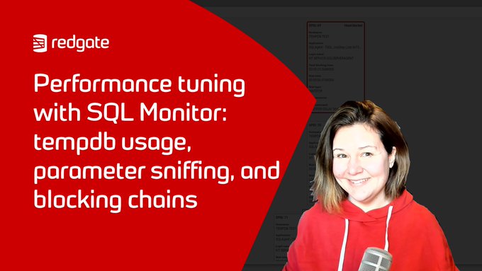redgate's tweet image. Looking to level up your performance tuning game? 

Choose from three videos with @Kendra_Little walking you through #tempdb, unstable query plans, and identifying blocking chains with #SQLMonitor. ow.ly/lrHc50CXNRp