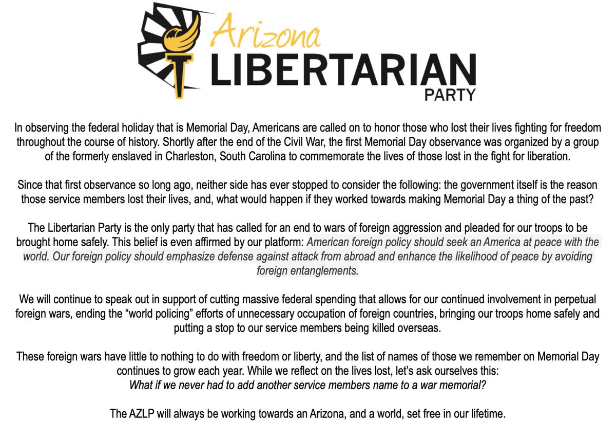 Arizona_LP's tweet photo. What if we never had to add another service member’s name to a war memorial?
Let’s make Memorial Day a thing of the past.
#NoMoreWar #EndForeignWar #EndImperialism #BringBackOurTroops #MemorialDay2021 #MemorialDayWeekend #MemorialDay https://t.co/lxttafNKlA