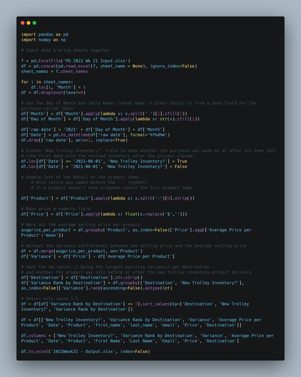 MartonBalla_'s tweet photo. My solution for #PreppinData Week21

Done with Python🐍

Great challenge, I learned a new way of importing data from multiple sheets, and used .zfill() for the first time too to work with datetimes.

Thanks @Datajedininja, @JennyMartinDS14 &amp; @TomProwse1! https://t.co/5RGsIfMgvg
