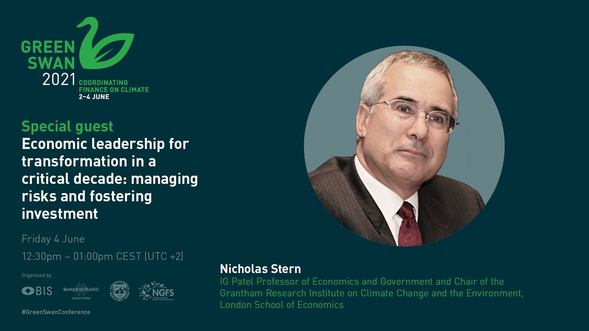 BIS_org's tweet photo. We are honoured to welcome Nicholas Stern @lordstern1 at the #GreenSwanConference – Don’t miss his speech next Friday at 12:30 pm CEST #EconomicLeadership #SternReview @GRI_LSE https://t.co/RV3059Pogw https://t.co/eGMIQ8q2vc