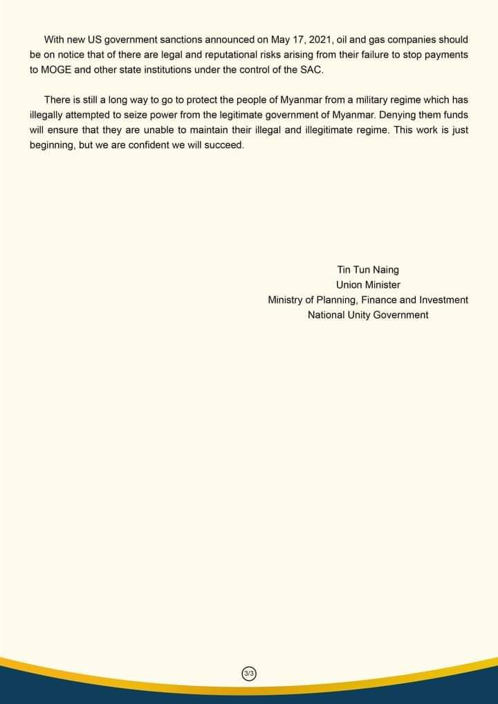 Excerpts from the Statement by the #MoPFI, #NUG, on Total’s Press Release

- MoPFI welcomes the recent decision made by Total &amp; others to suspend dividend payment distributions to all shareholders of the MGTC &amp; the illegitimate SAC