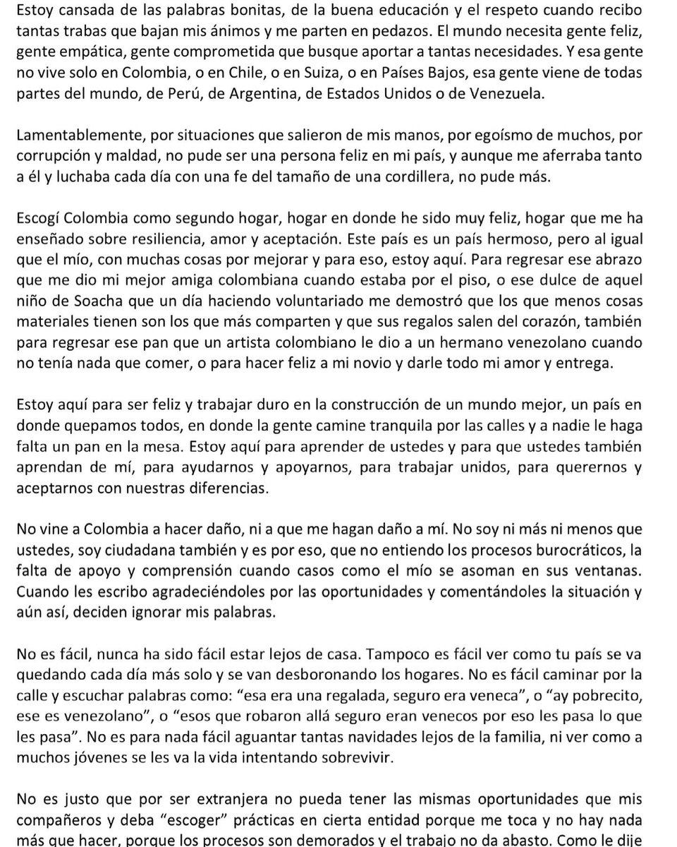 fabiolaazr's tweet photo. Carta a Cancillería. 

Me han negado la visa de residente sin razón lógica y con ella la oportunidad de hacer mis prácticas universitarias en la empresa de mis sueños y seguir creciendo en Colombia. 

@CancilleriaCol @MigracionCol @mluciaramirez @ELTIEMPO @elespectador https://t.co/sJNyg3JJ5H