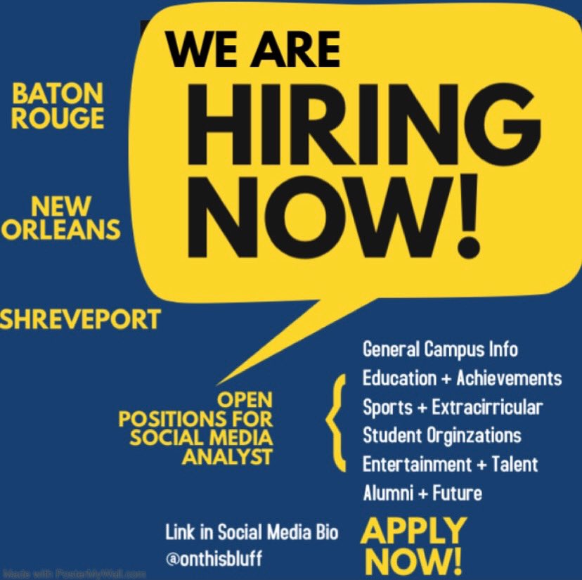 onthisbluff's tweet photo. Would you like to be apart of On This Bluff  for the 2021-2022 School Year? Sign Up Now! Analysts are responsible for finding, posting, and promoting content to our platform to inform and entertain the students and alumni of Southern University!
#wearesouthern💙💛 #onthisbluff https://t.co/xb8BXF4tzx