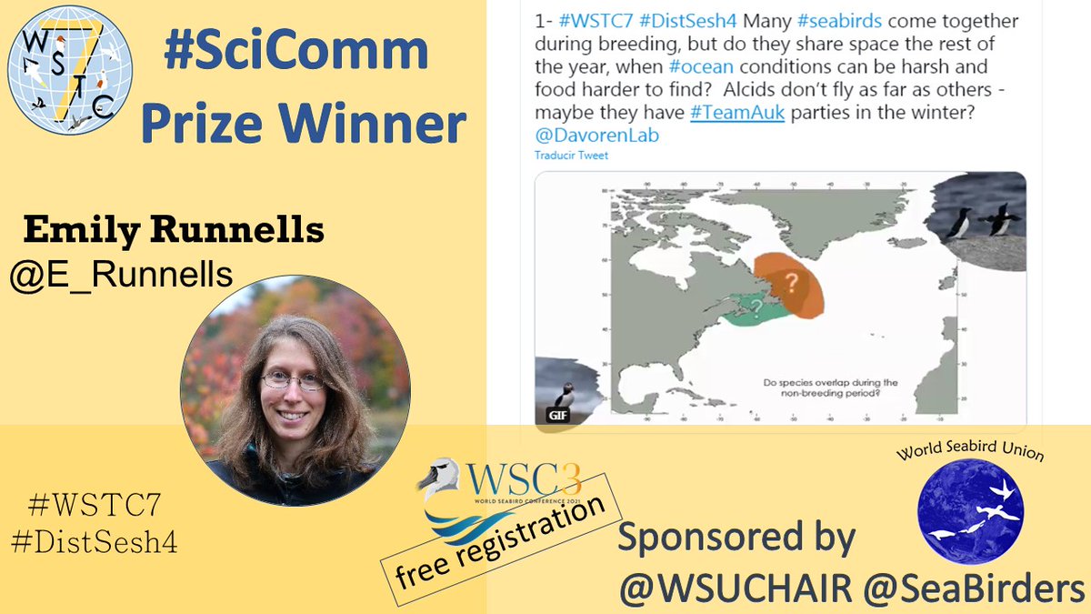 The World Seabird Union <a href="/WSUChair/">WSUChair</a> awarded the best Student #SciComm presentation to Emily Runnells <a href="/E_Runnells/">Emily Runnells</a> with a free registration to the World Seabird Conference 3 that will happen virtually this year!

Check the website for more information
worldseabirdconference.com

#WSTC7