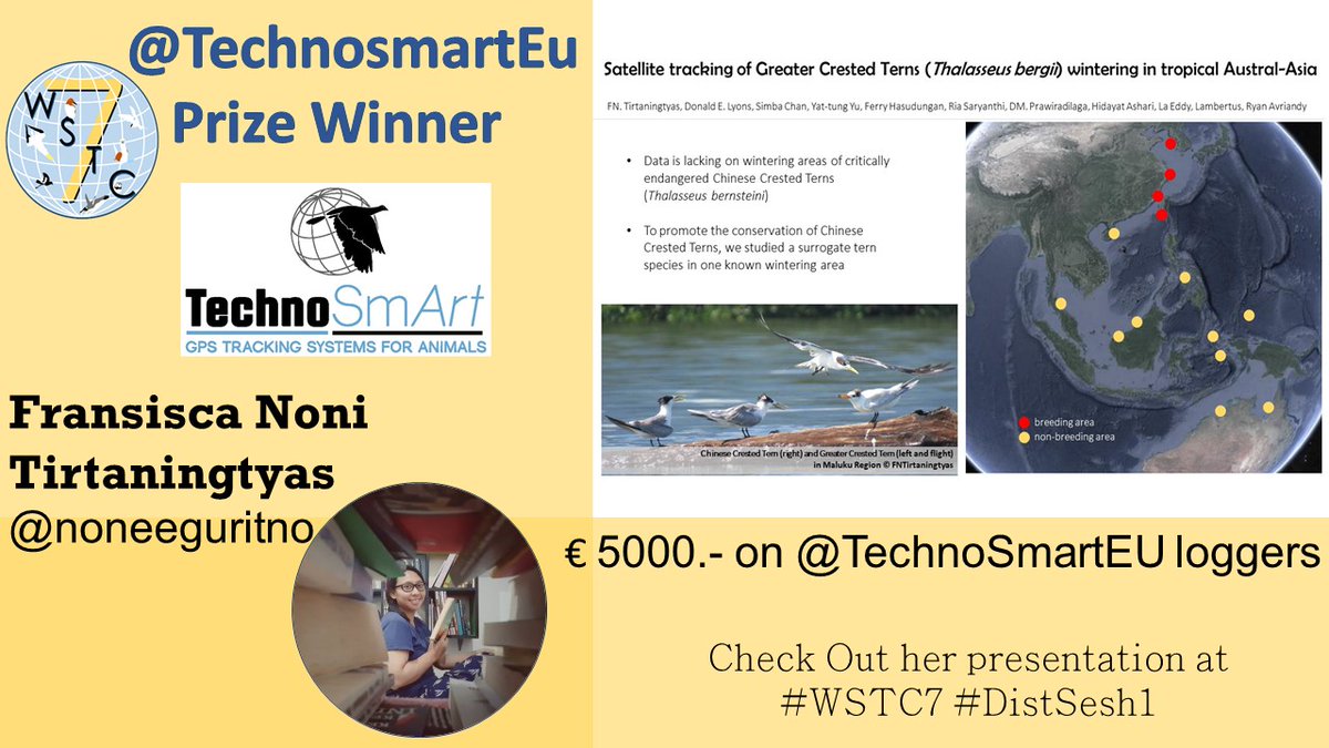 Finally, Francisca Noni Tirtaningtyas <a href="/noneeguritno/">noneeguritno</a>   is awarded by TechnoSmart Europe <a href="/TechnosmartEu/">Technosmart Europe</a>   for her outstanding work and presentation on the endangered Crested terns. 
We hope this award will contribute to continuing your work!

#wstc7