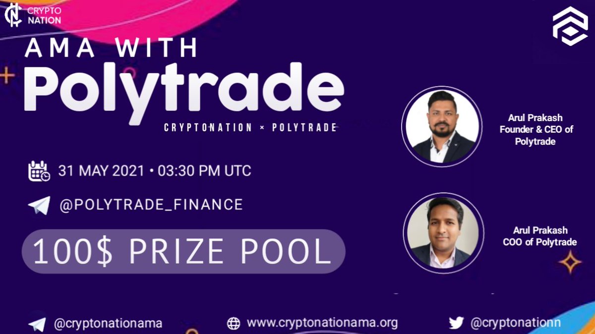 CryptonationN's tweet photo. 🎇PolyTrade #AMA, hosted by CryptoNation 

🏰Venue: https://t.co/X5gSZuZg2m
⏰Time: May 31, 3.30 PM UTC
💰Reward: $100 $Usdt 

✍️Rules:
1️⃣Follow @Polytrade_fin @CryptonationN
2️⃣Join Polytrade https://t.co/5UDRBEDIsF Telegram
3️⃣Like, RT, Tag 3 Friends
4️⃣Max 5 Questions Per Account https://t.co/Cb9nCs3J0S