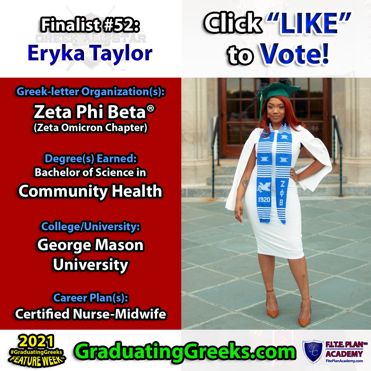GreekAwards's tweet photo. .CLICK “LIKE” TO VOTE FOR OUR NEXT CONTESTANT:

2021 National @GreekAwards #GraduatingGreeks Feature Week™ Photo Contest FINALIST #52: Eryka Taylor (@erykat__), Zeta Omicron Chapter #ZPhiB. #GreekLife.

Sponsored by: @TimCarthon’s #FITEPlan Academy - https://t.co/DkX9xU4rUP https://t.co/Qot2UJduuC