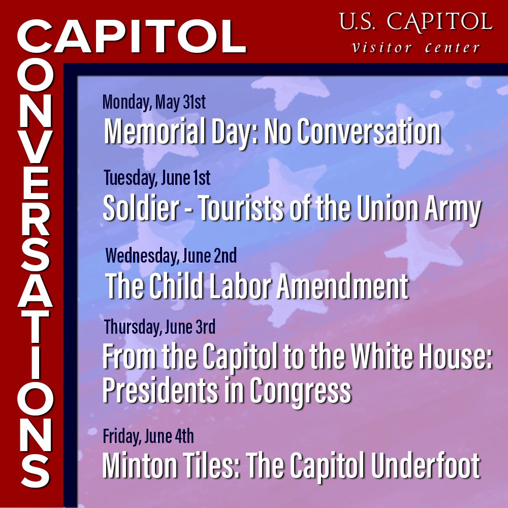 Look down! (When you walk through the Senate.) Friday at Capitol Conversations -- Learn about the beautiful British-made floor tiles of the Senate. Sign up at visitthecapitol.gov/capitol-conver… In observance of Memorial Day, we will not hold a Capitol Conversation Monday, May 31.