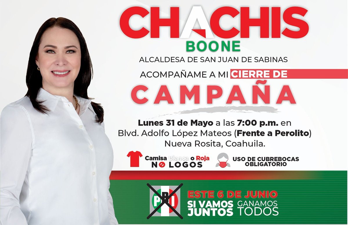Amigos los invito a que me acompañen a mi cierre de campaña, este lunes 31 de mayo a las 7:00 de la tarde, en el bulevar Adolfo López Mateos, frente a Perolito.
¡Estamos listos para el triunfo este próximo 6 de junio!
#SiVamosJuntoGanamosTodos 
#votoutil 
#VotaPRI
