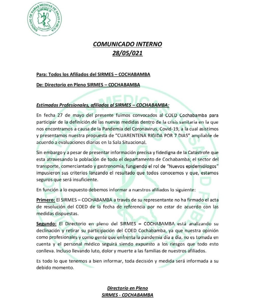 alexcontrerasb's tweet photo. El #SIRMES en Cochabamba amenaza con no participar de las reuniones del #COED porque las autoridades políticas no toman en cuenta las recomendaciones médicas ni científicas para enfrentar la tercera ola del #CoronaVirus @LosTiemposBol @ErbolDigital @noticiasfides @unitelbolivia https://t.co/AjmVrUDsLg