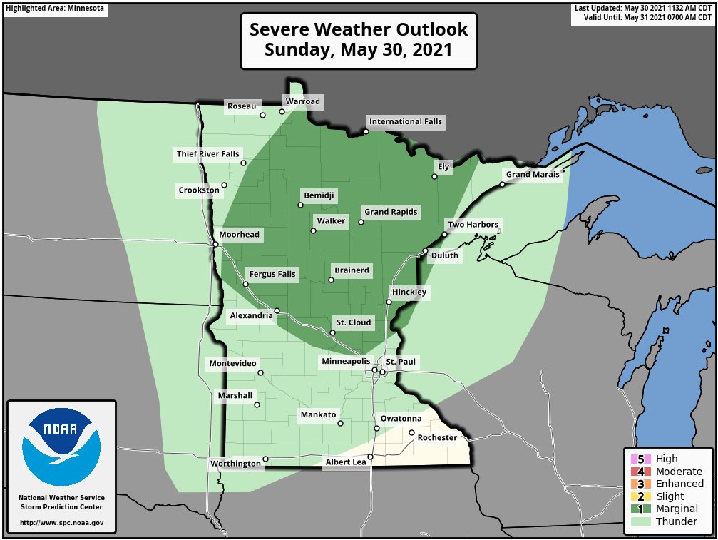 WxMinnesota's tweet photo. A MARGINAL #SevereWeather Risk for much of northern #Minnesota from #Fargo-#Moorehead to near #Minneapolis to #Duluth and our border with #Canada.
#Wind and large #hail is the main concern.
No #Tornado Warnings expected.
Be especially careful if boating today.
#MNwx https://t.co/mxH6TM3YgT