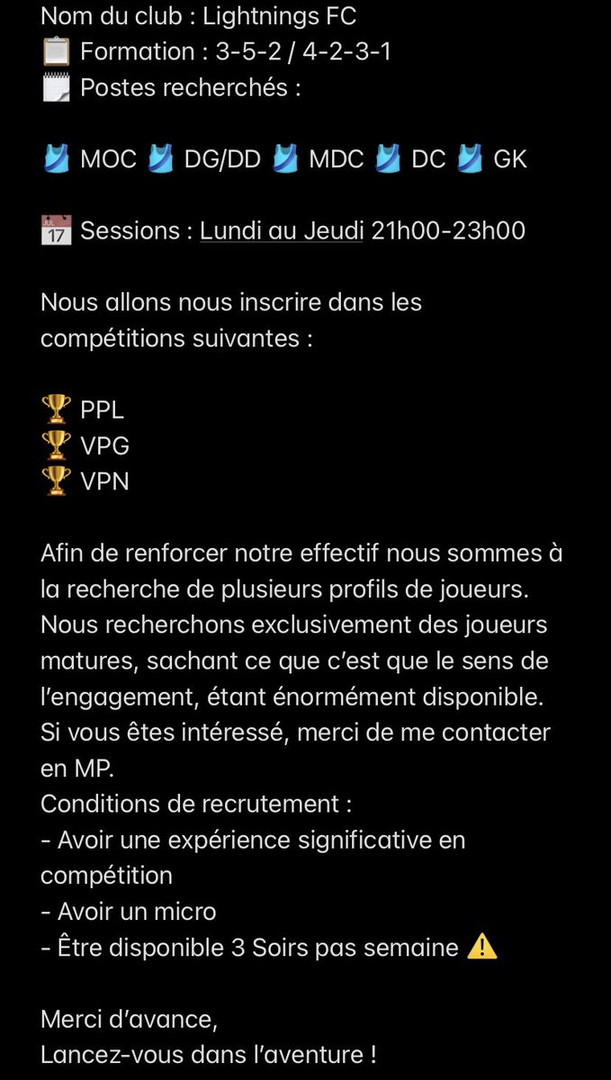 FCLightnings's tweet photo. 🔵🟡RECRUTEMENT 🔵🟡

Rt appréciés : @RecrutementPro @Recrutementfifa @EsportAnnonces @ClubPro_FR @Cherche_1Groupe @GnrationEsport @RTduCP https://t.co/JoHOPcslf8