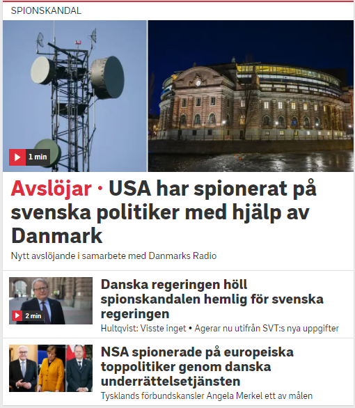 jennykuttim's tweet photo. Idag kan SVT avslöja att USA:s underrättelsetjänst med hjälp av Danmarks underrättelsetjänst spionerat på ledande svenska politiker och höga tjänstemän. I samarbete med Danmarksradio, NRK, Süddeutsche Zeitung; Le Monde, WDR, NDR. Bra jobbat alla @kainzrognerud och @fredriklaurin. https://t.co/0ianHBYdmQ