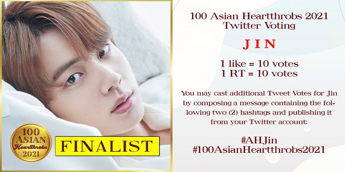 RitaPrez18's tweet photo. Votemos por todos por igual, y aserempnos que estén en los primeros lugares 💜 Jungkook, Yoongi y Jin estén en los primeros puestos.

1 TW: 10 votos
1 RT: 10 votos
Rt SI APOYAS A LOS TRES 😔🤟

#AHSuga 
#AHJungkook 
#AHJin 

#100AsianHeartthrobs2021 https://t.co/2VHWjFs5sM