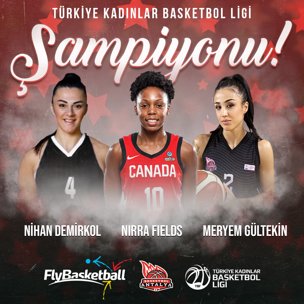 🏆 Türkiye Kadınlar Basketbol Ligi play-off final serisini şampiyon olarak tamamlayan oyuncularımız Nirra Fields, Nihan Demirkol, Meryem Gültekin'i ve Antalya 07 Basketbol'u tebrik ediyoruz!