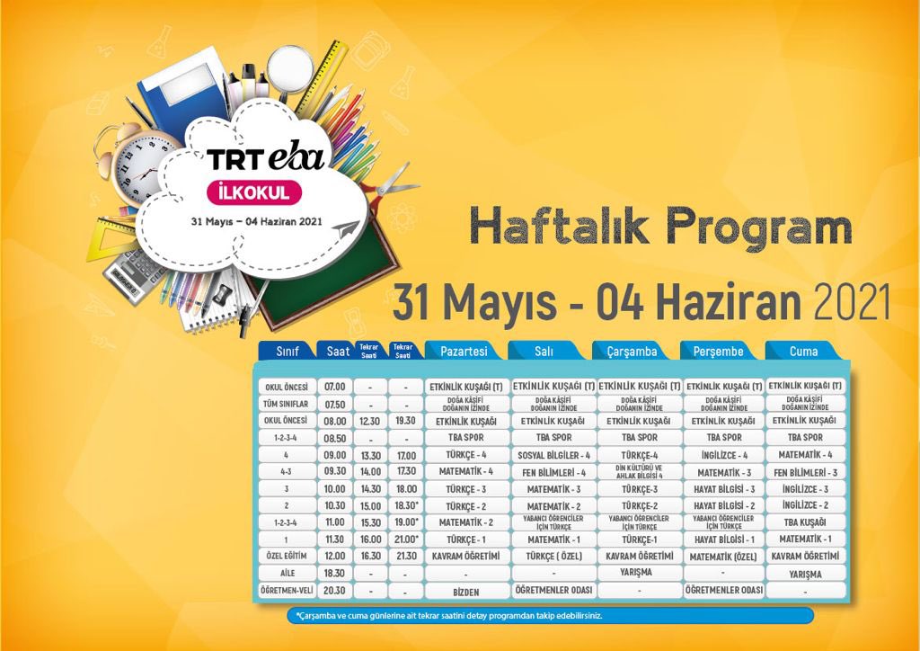 tcmeb's tweet photo. 📺 TRT EBA’da Haftanın Programı

📖👩🏻‍🔬📚 İlkokul, ortaokul ve lise kanallarına bekliyoruz.

🗓 31 Mayıs - 4 Haziran 2021 

Günlük ayrıntılı program ak��şları için👇🏻

İlkokul ➡️ https://t.co/b8RuqAKAGN

Ortaokul ➡️ https://t.co/TfhFDNDwiO

Lise ➡️ https://t.co/TwOArIr27P https://t.co/w8zu1nxFy9