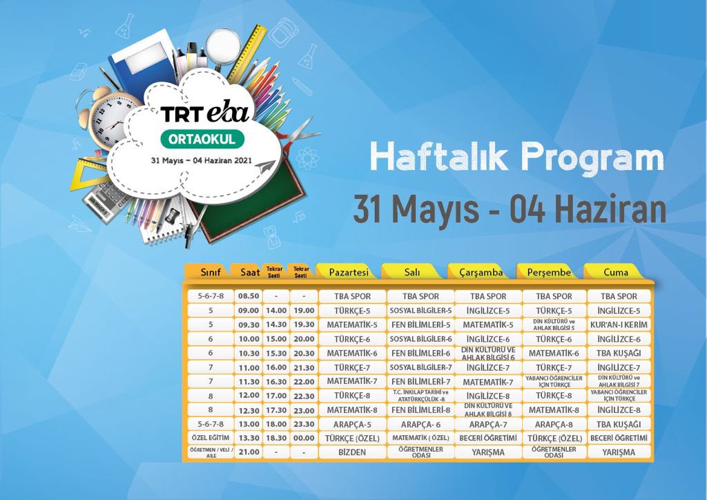 tcmeb's tweet photo. 📺 TRT EBA’da Haftanın Programı

📖👩🏻‍🔬📚 İlkokul, ortaokul ve lise kanallarına bekliyoruz.

🗓 31 Mayıs - 4 Haziran 2021 

Günlük ayrıntılı program ak��şları için👇🏻

İlkokul ➡️ https://t.co/b8RuqAKAGN

Ortaokul ➡️ https://t.co/TfhFDNDwiO

Lise ➡️ https://t.co/TwOArIr27P https://t.co/w8zu1nxFy9