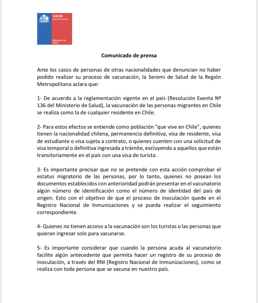 SeremiSaludRM's tweet photo. Ante los casos de personas de otras nacionalidades que denuncian no haber podido realizar su proceso de vacunación, la Seremi de Salud de la Región Metropolitana aclara lo siguiente 👉 https://t.co/MwKEkqy7Z8