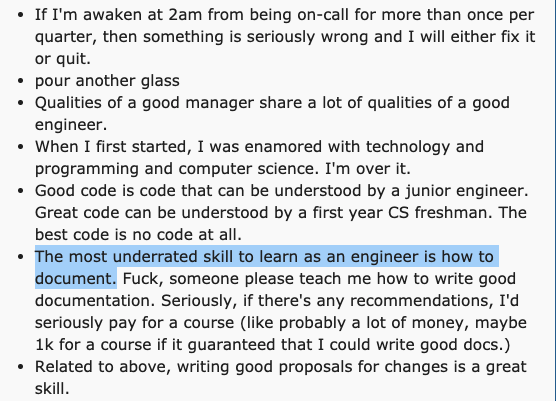 swyx's tweet photo. "Drunk Post: Things I've learned as a Sr Engineer":

https://t.co/aTLjlJ8jy4

"The best way I've advanced my career is by changing companies."

"The most underrated skill to learn as an engineer is how to document."

"Don't meet your heroes." https://t.co/k9PjhMo9fn