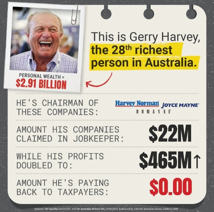 JackLatrobe's tweet photo. Gerry Harvey hates charity. Post photos of the electronics, furniture and whitegoods that you can get cheaper literally anywhere else than @HarveyNormanAU with the hashtag #BoycottHarveyNorman and help Australia remove this leech from our economy forever
#JobKeeper
#Profiteering https://t.co/BeKVuJONlH