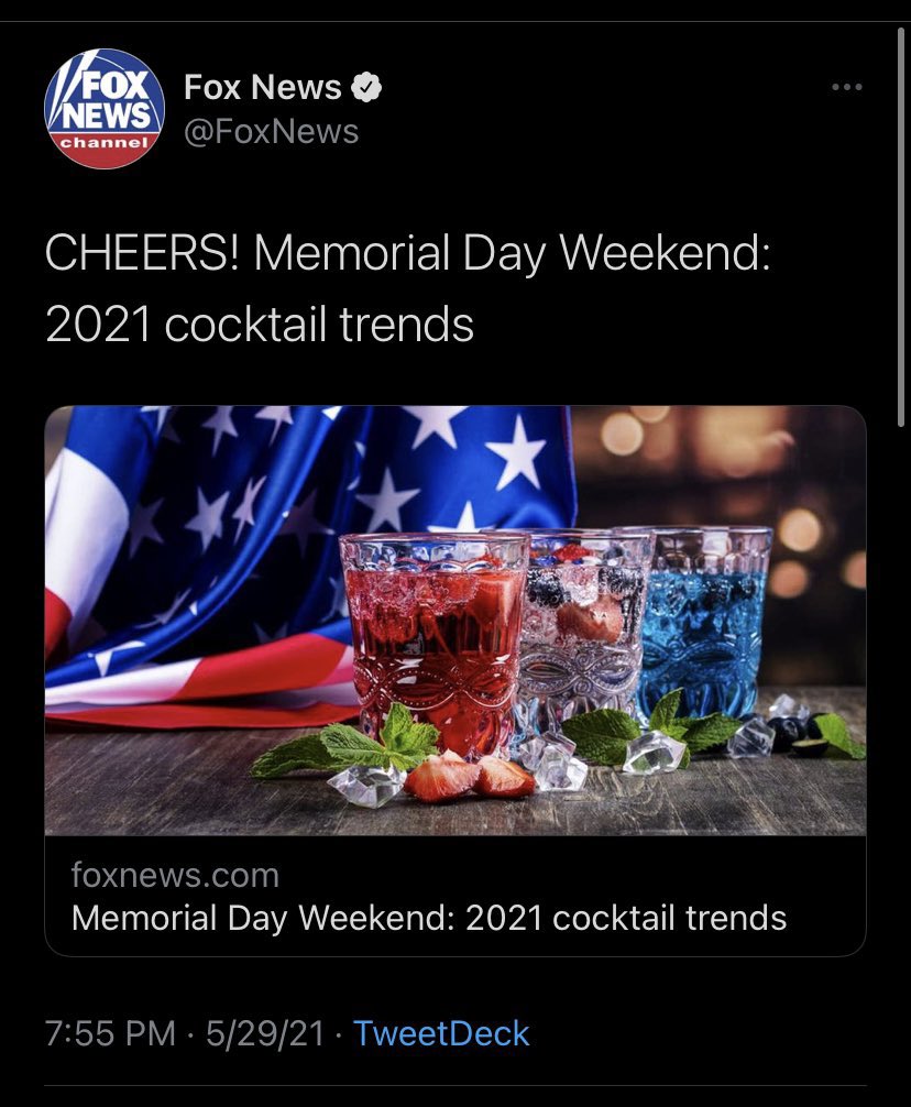 ananavarro's tweet photo. Wait, what?

Same folks at Faux News who have panties in a knot because @VP tweeted to “Enjoy the long weekend”, are giving us recipes for best booze to drink this weekend.

Cuz nothing shows respect for those who’ve lost their lives in service to country, like tequila. Cheers! https://t.co/0BKo2R5RPv