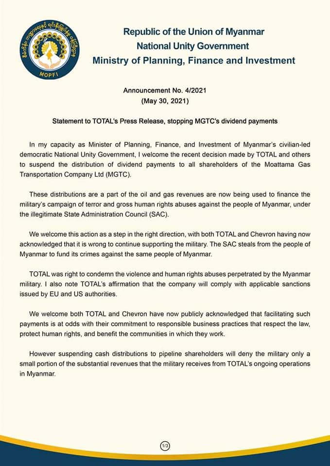 JusticeMyanmar's tweet photo. .@NUGMyanmar Ministry of Planning says "tides are now turning. Cracks are emerging" as @total &amp; @Chevron suspends distribution of dividend payments that finance military's atrocities. This sets a precedent. Biz must take action to ensure they are not bankrolling junta's crimes✊🏽 https://t.co/SuG3pnFI1g