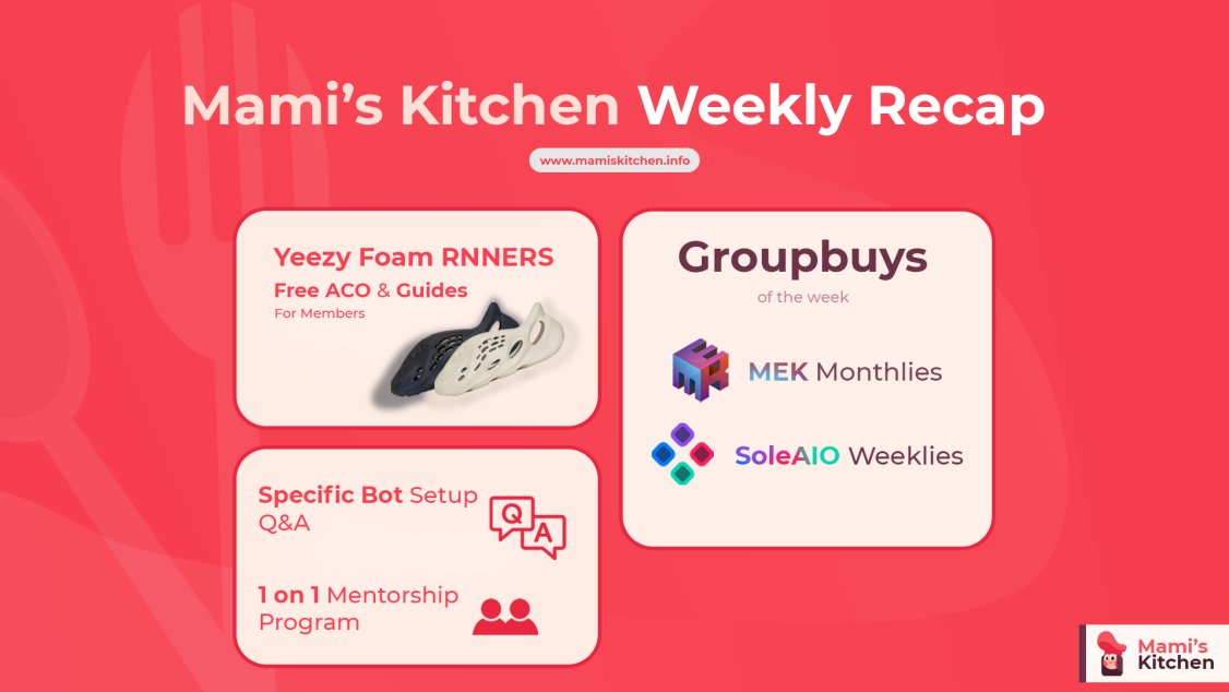 kitchenclubio's tweet photo. Weekly recap in the kitchen! 🍴 

Lots of action this week, with SoleAIO weeklies, MEKAIO Monthlies, detailed coverage on every drop including the Yeezy Foam runners, Q&amp;As, 1-1 mentorship &amp; so much more! 🔥

Want in? Apply @ https://t.co/9FuAuR6LCt

Random RT wins a monthly! ♻️🎁 https://t.co/1s2cGR4uoD