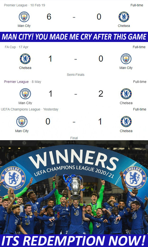 I cried so bad when we lost 6-0. It was my worst day as a Chelsea fan. But this is REDEMPTION!
#ChampionsLeagueFinal #Chelsea #CHEMCI #UCL #ManCity #Tuchel #Pep #Lampard #UefaChampionsLeaguefinal #ChelseaManCity #ChelseaFC #Mount #Havertz #Kante #EPL #ChampionsOfEurope #Champions