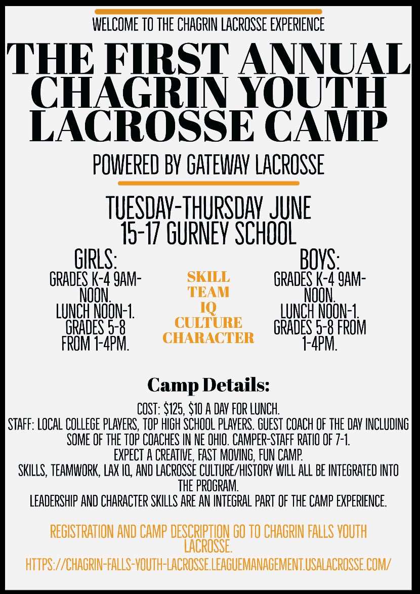 cf_youth's tweet photo. Join us for the first annual Chagrin Falls Youth Lacrosse Camp powered by Gateway Lacrosse! Details are below! Please feel free to share with any friends that are interested in learning or improving their lacrosse skills! https://t.co/PfrK7khlVT