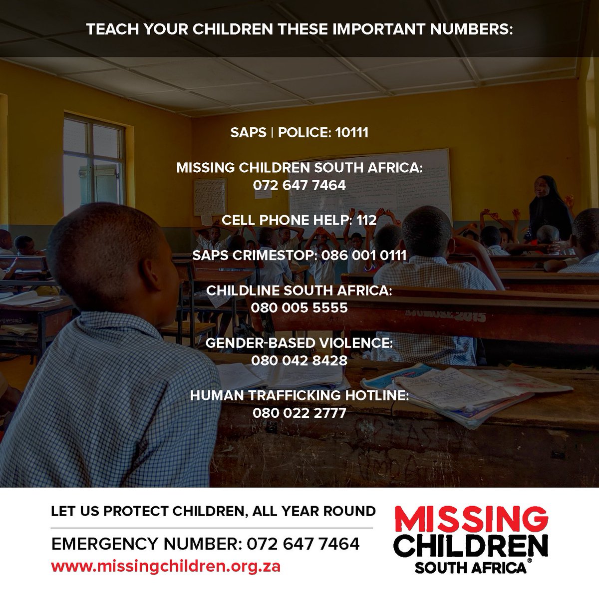 072MISSING's tweet photo. National #ChildProtectionWeek is commemorated annually in #SouthAfrica.

It is a time to shine a spotlight on issues facing young South Africans under the age of 18.

Children need special protection as they are among the most vulnerable members of our society.

#DoNotWait24Hours https://t.co/P3IWhlQCt4