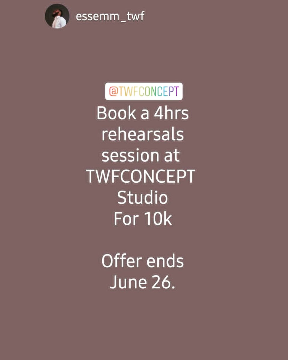 Book a 4hrs rehearsal Session at #TWFCONCEPT Studio for 10k. #Music #Band #Team
Offer ends June 26th.📍