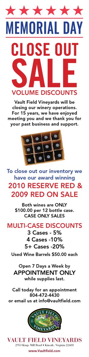 WINE SALE!! Celebrate this Weekend with our Memorial Day Close Out Sale!