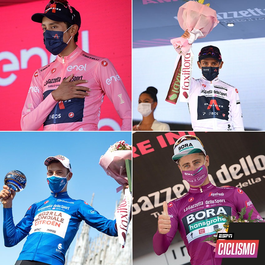 ESPNCiclismo's tweet photo. #GIROxESPN Los campeones.

@Eganbernal Maglia Rosa y Blanca

@petosagan Maglia Ciclamino

@GeoffBouche Maglia Azzurra https://t.co/l4phFfYAQC