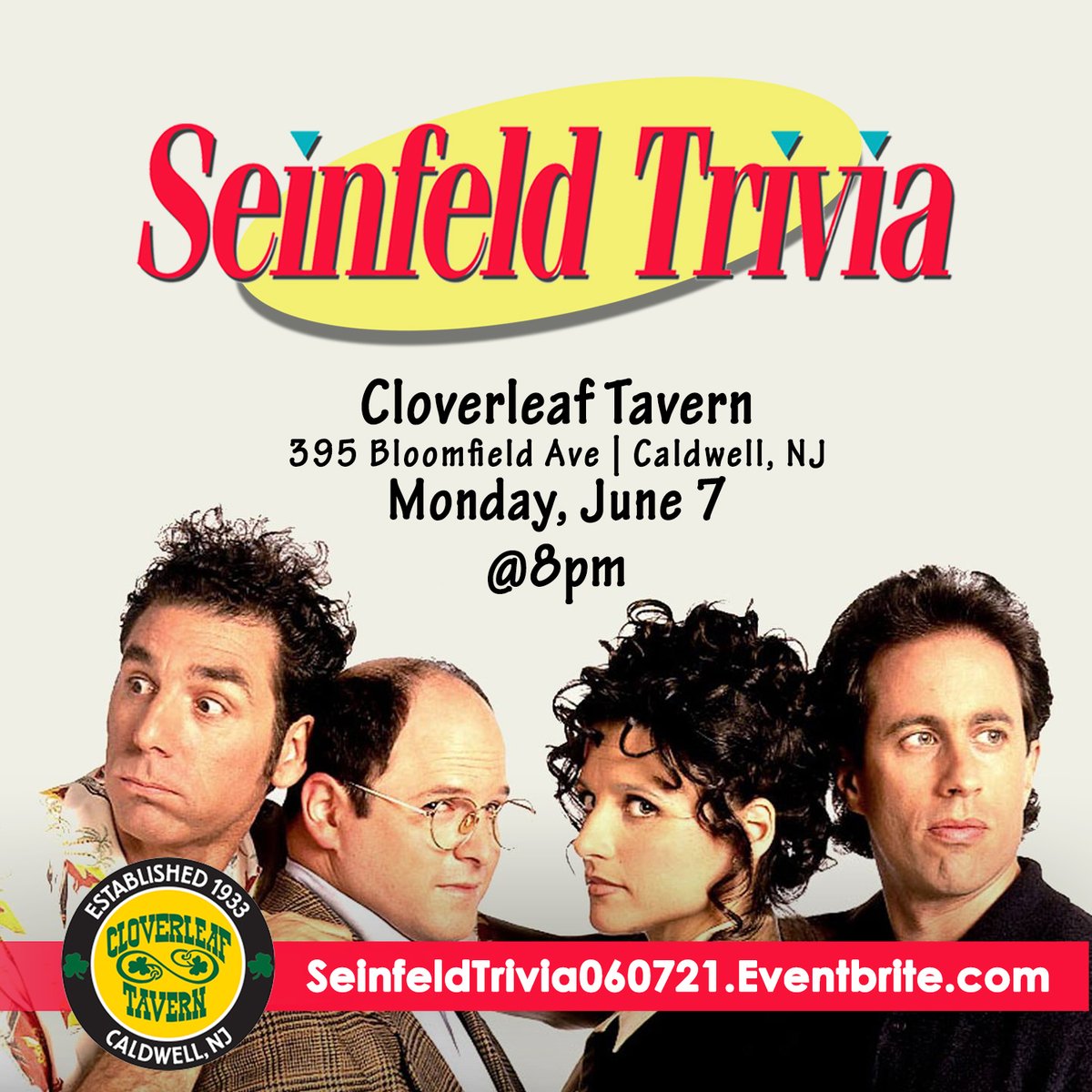 #Seinfeld #Trivia @CloverleafInfo this Monday, June 7 starting at 8pm. RSVP at; SeinfeldTrivia060721.Eventbrite.com #Caldwell #NJ #NorthJersey #SeinfeldTrivia #EssexCounty #JerrySeinfeld